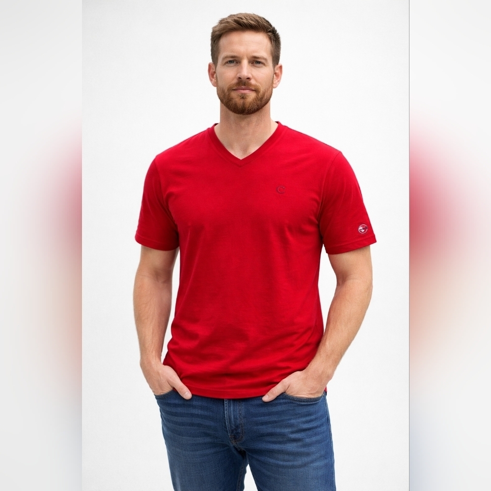 Champion Men V-Neck T-Shirt M Red Classic Minimalist 100%Cotton Athletic Casual